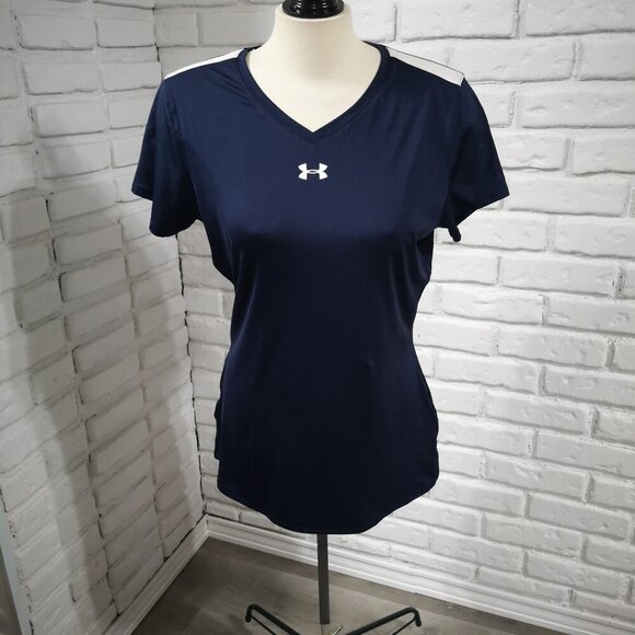 2 / $30.00 - Under Armour Heat Gear Ladies Size Large Navy & White T-shirt - Picture 1 of 10